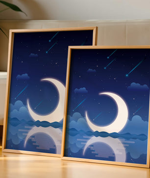 Serene night sky with crescent moon reflecting on water