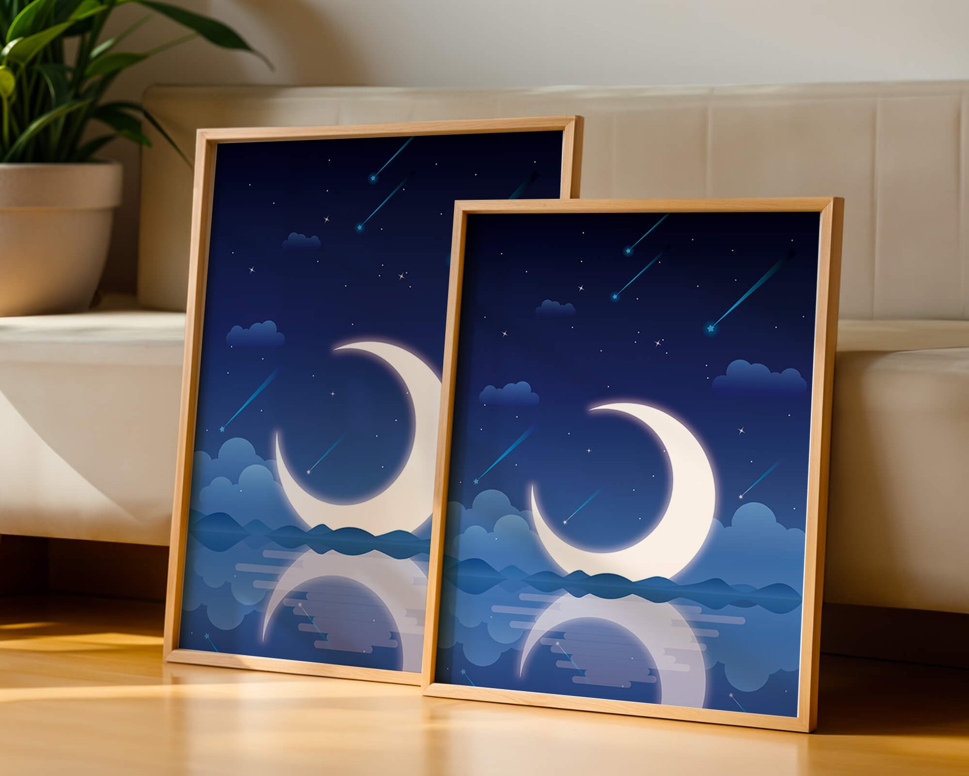 Serene night sky with crescent moon reflecting on water