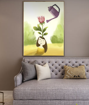 Ilustración de una chica con una flor creciendo de su cabeza siendo regada
