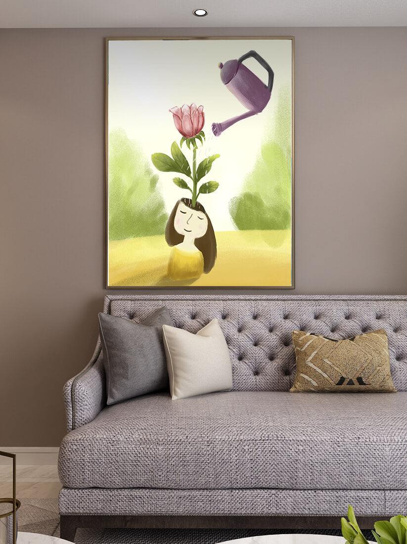 Illustration of a girl with a flower growing from her head being watered