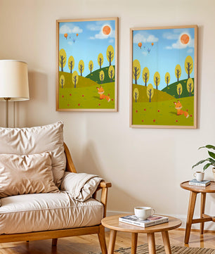 Whimsical landscape with hot air balloons and a fox in autumn scenery