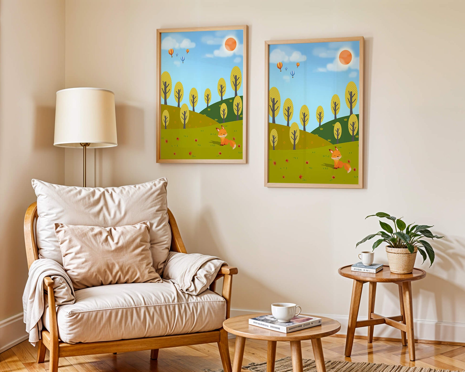 Whimsical landscape with hot air balloons and a fox in autumn scenery