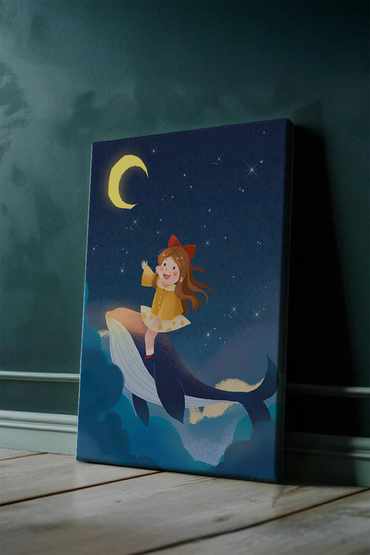 Girl on a whale under starry night sky