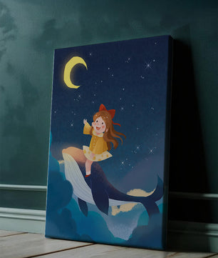 Girl on a whale under starry night sky