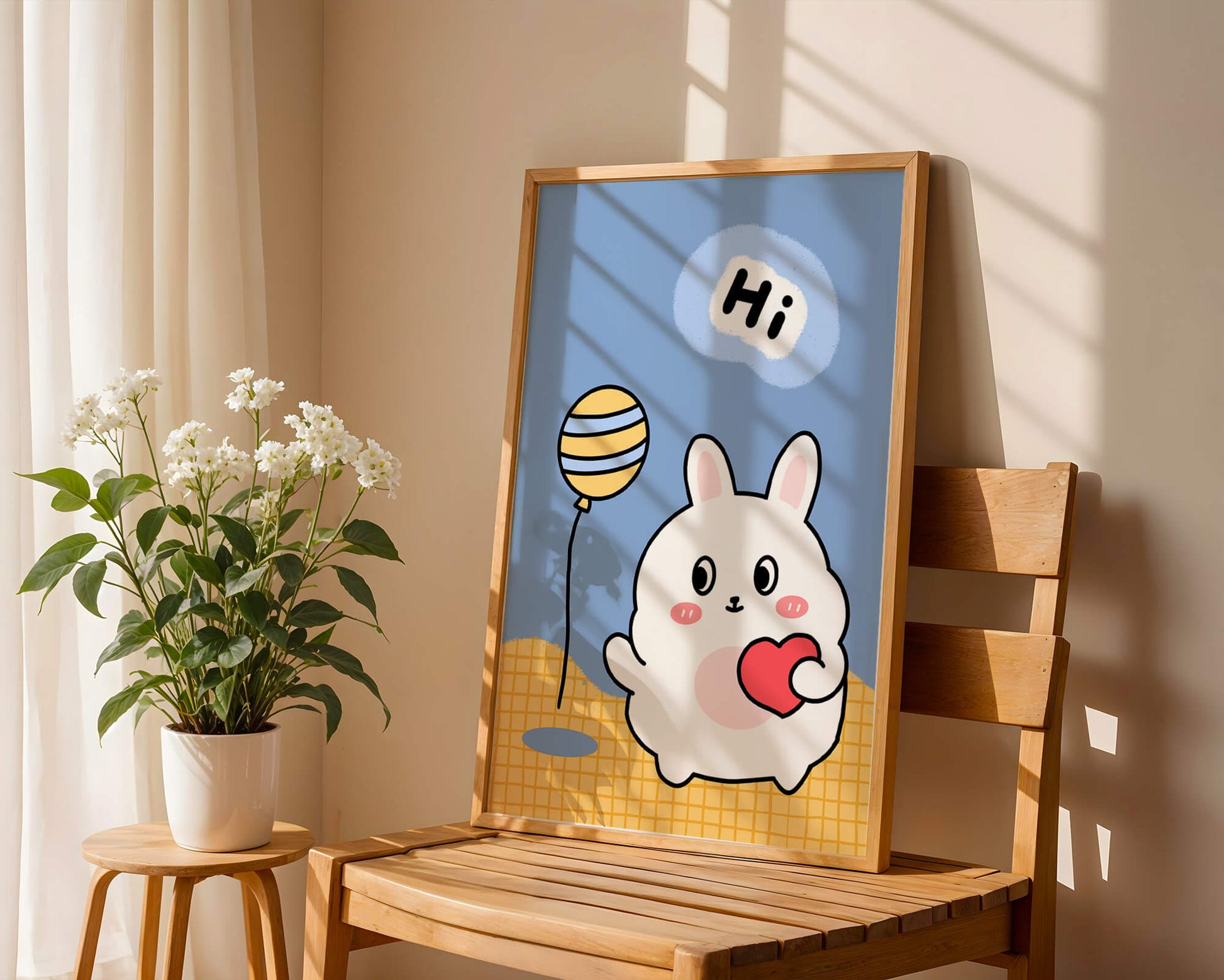 Adorable cartoon bunny with balloon and heart illustration