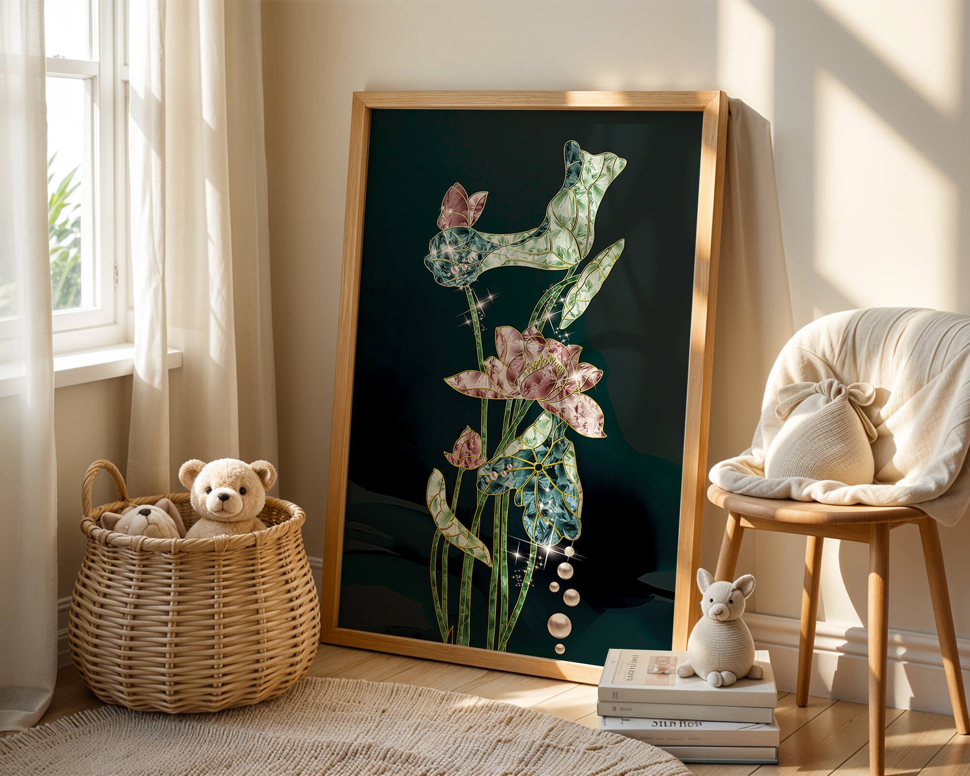 Floral Lotus Design with Gold Accents and Dew Drops