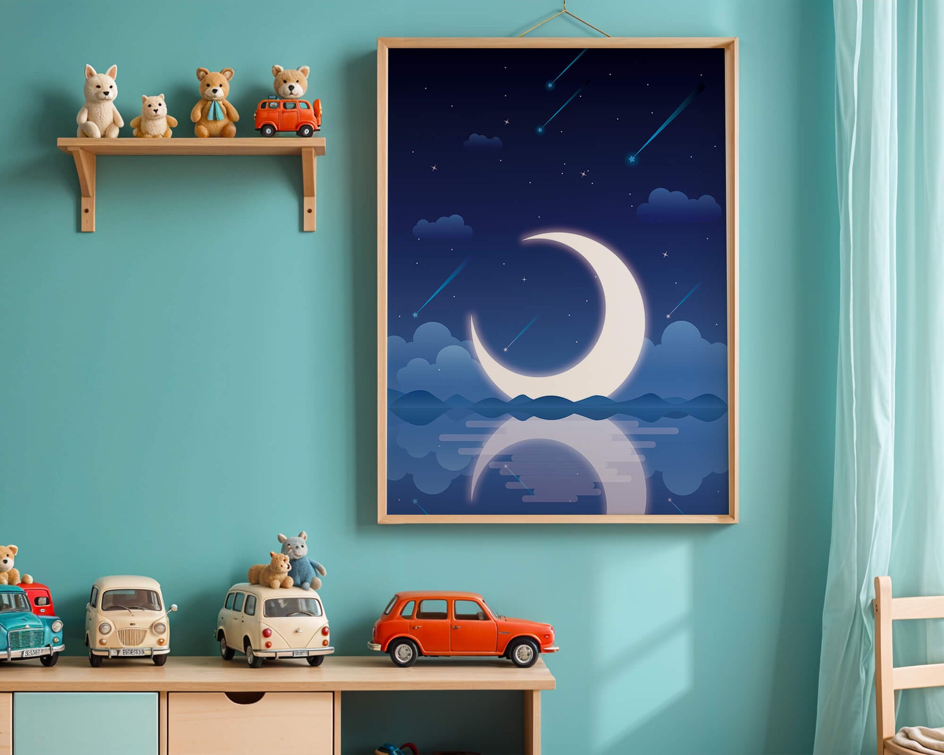 Serene night sky with crescent moon reflecting on water