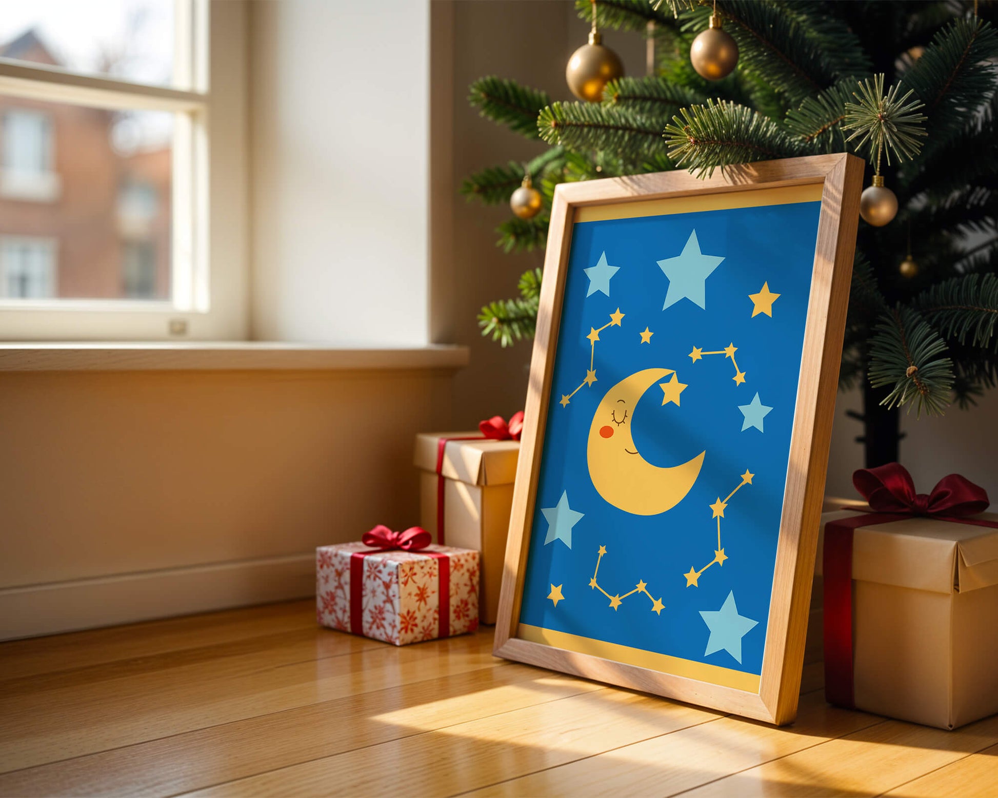 Whimsical children's room decor with smiling moon and stars