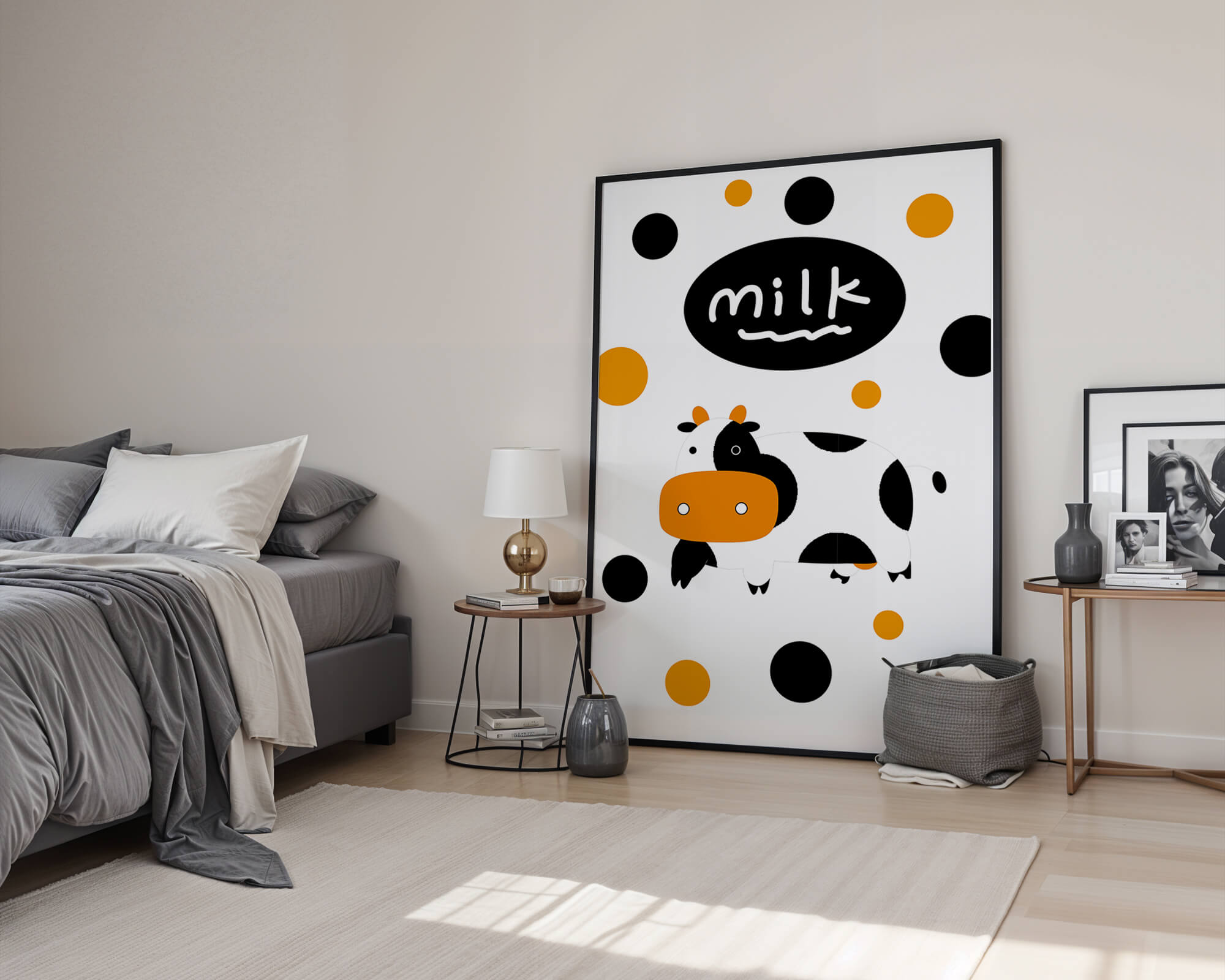 Illustrated cow with modern design and abstract elements