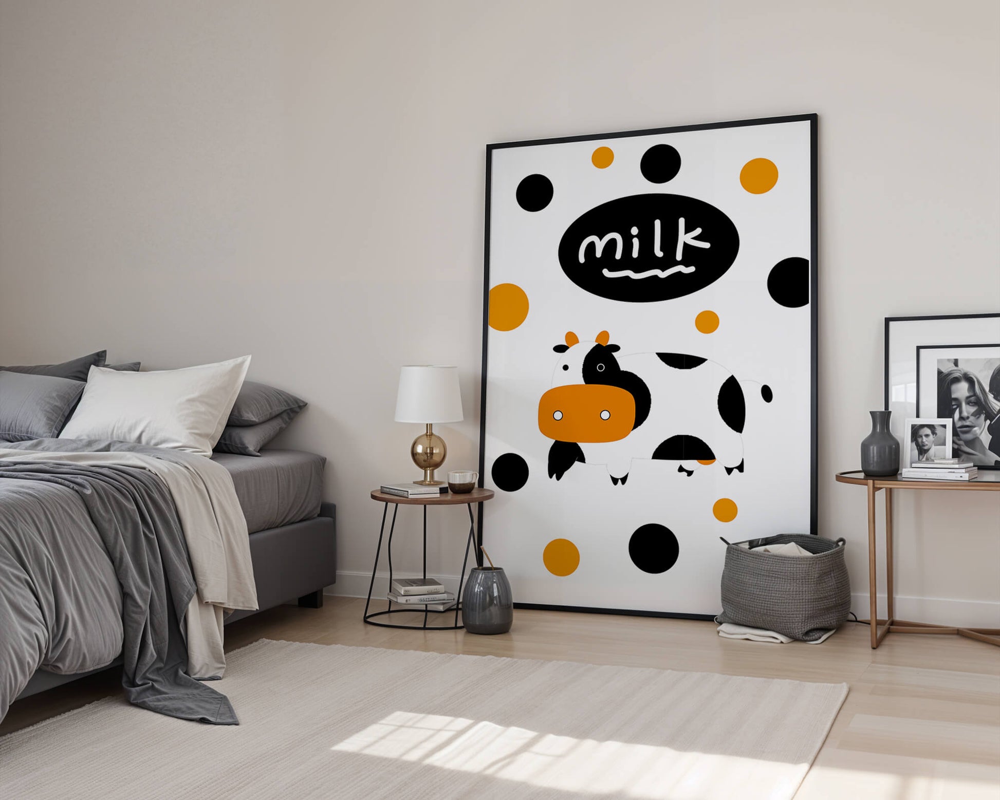 Illustrated cow with modern design and abstract elements