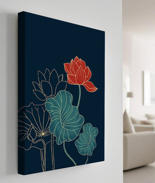 Elegant Floral Illustration with Vibrant Lotus and Gold Outlines on Dark Background