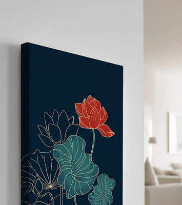 Elegant Floral Illustration with Vibrant Lotus and Gold Outlines on Dark Background