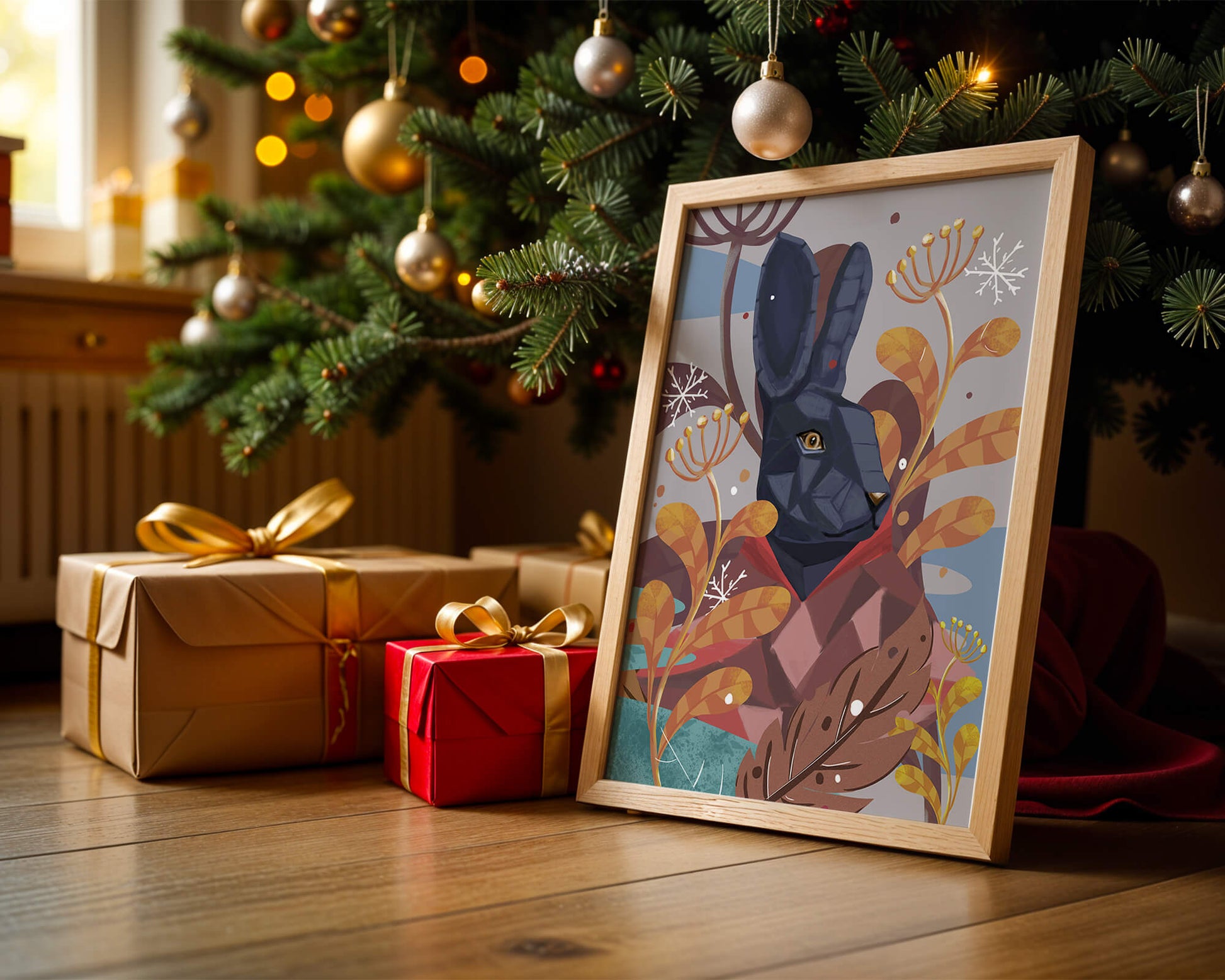 Abstract geometric rabbit in a vibrant autumn floral setting