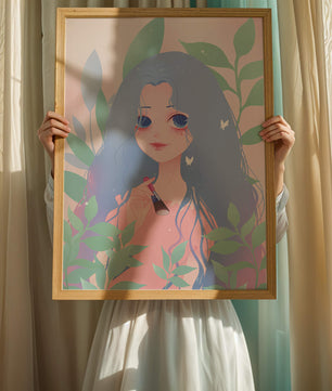 Illustration of a blue-haired girl surrounded by greenery