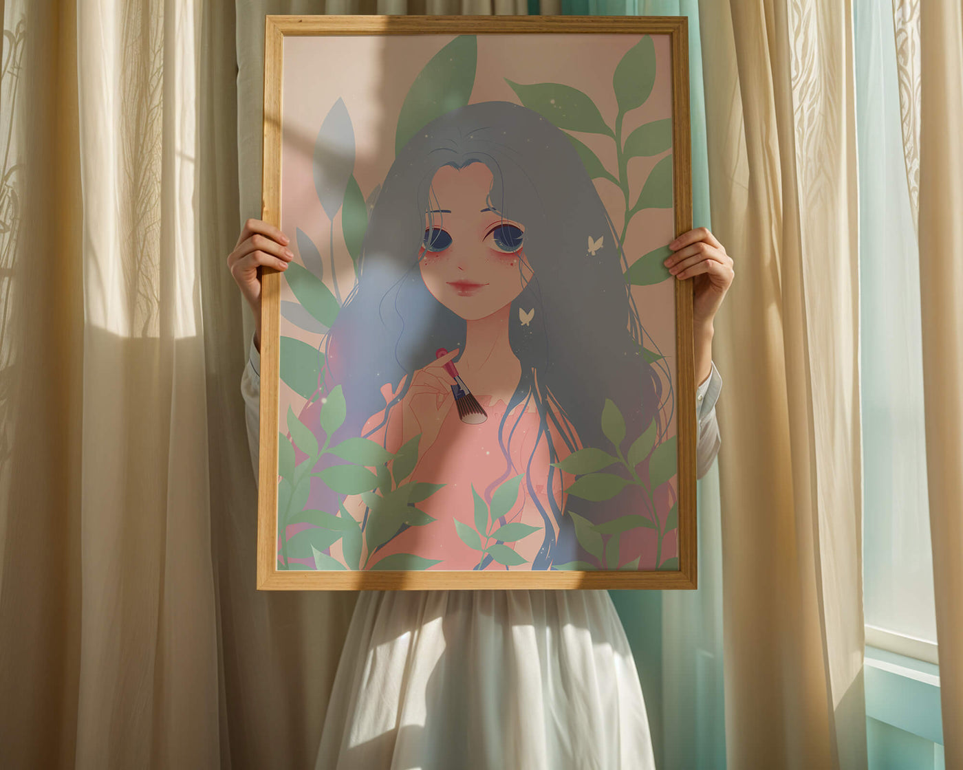 Illustration of a blue-haired girl surrounded by greenery