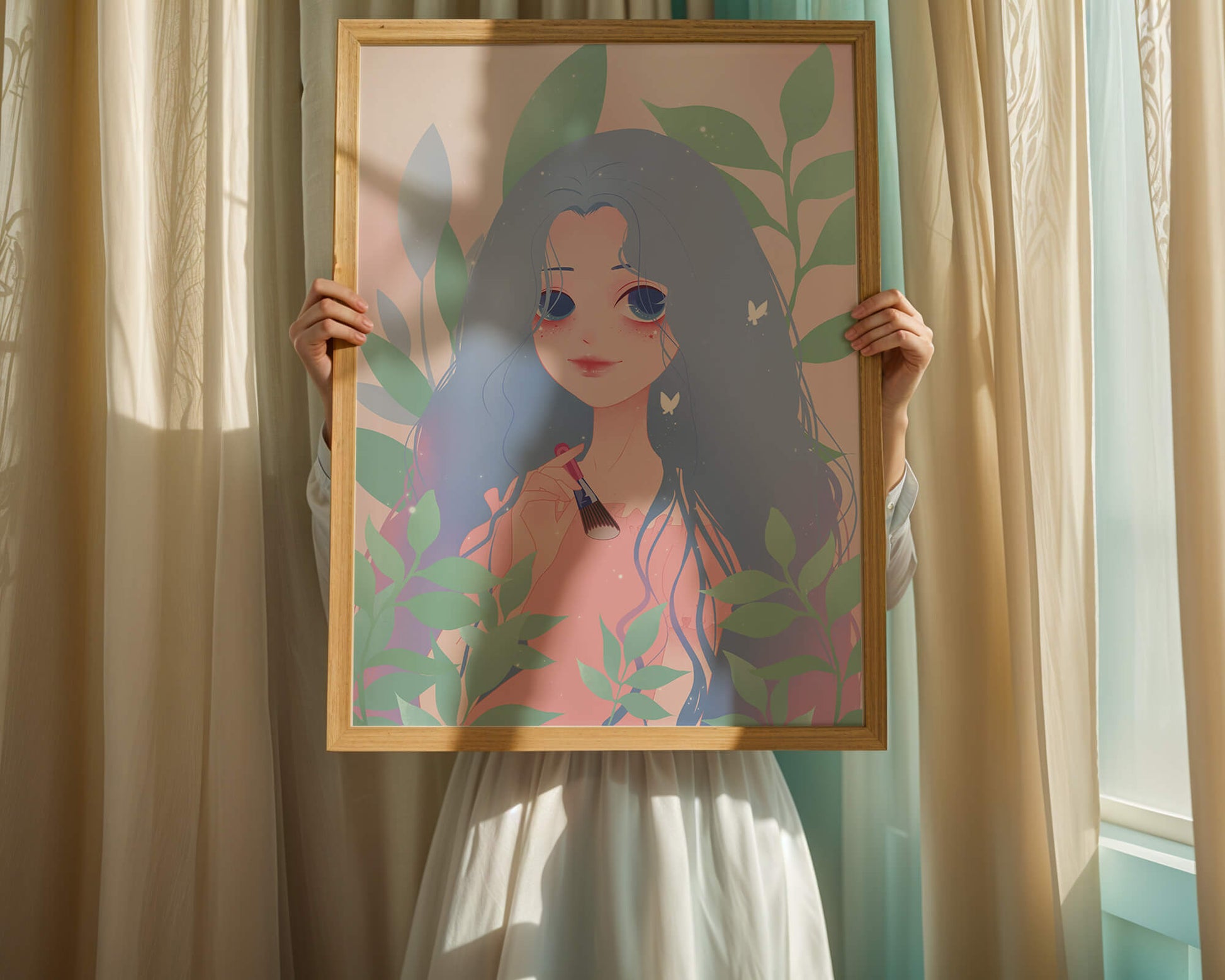 Illustration of a blue-haired girl surrounded by greenery