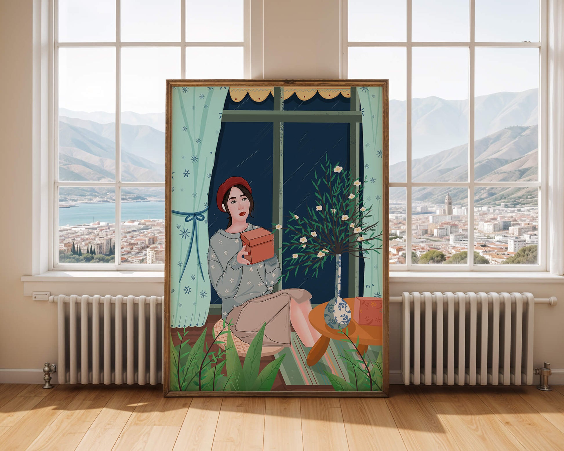 Mujer sosteniendo una caja de regalo en un interior acogedor con flores y ventana lluviosa