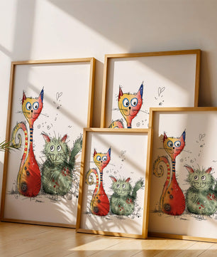 Ilustración artística colorida de dos gatos juguetones sobre fondo blanco