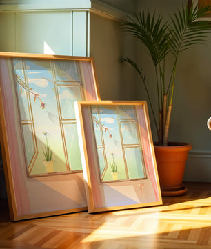 Tranquil open window with floral view and gentle sunlight