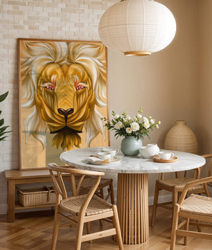 Lion Face with Intricate Golden Pattern and Flowing Mane