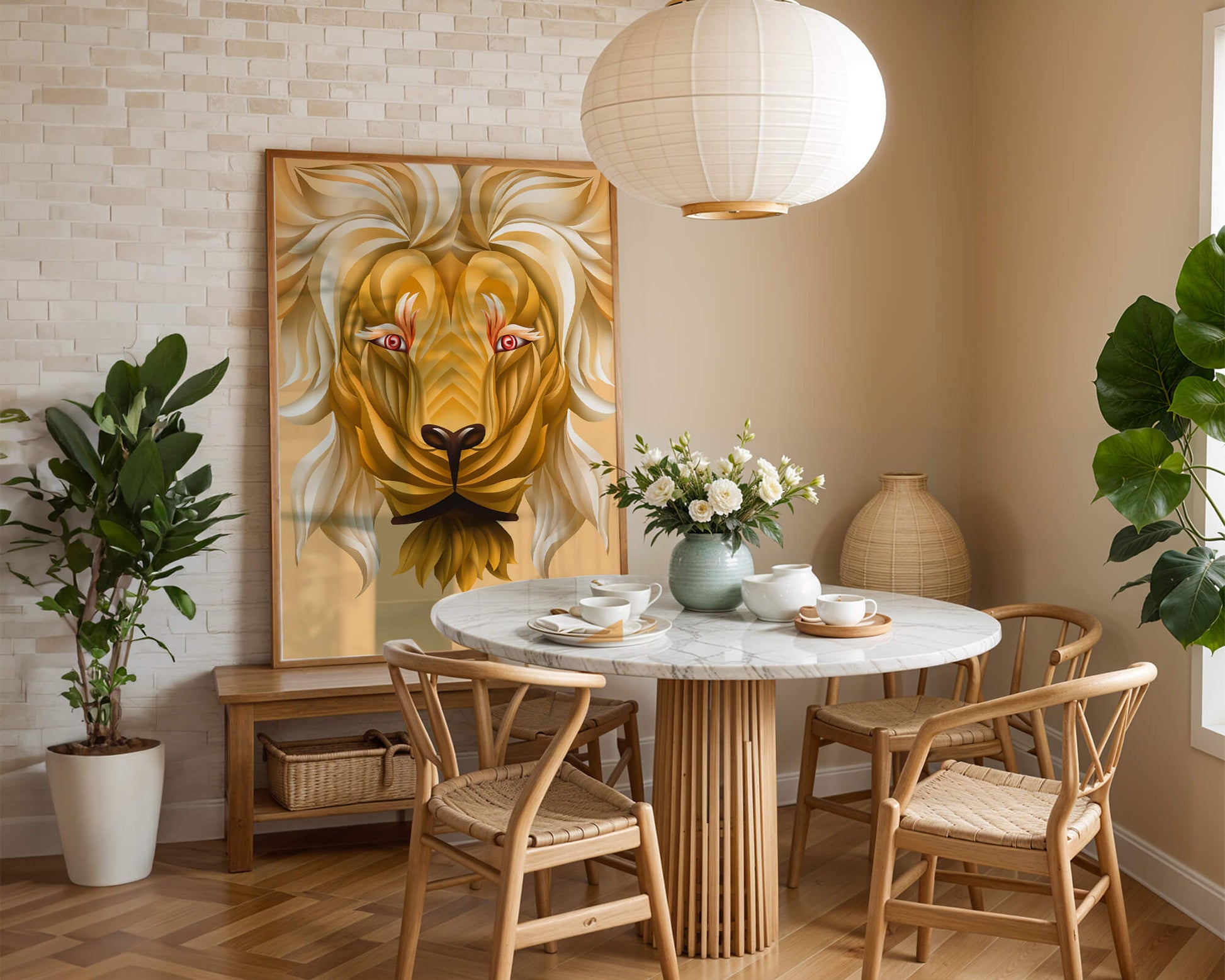 Lion Face with Intricate Golden Pattern and Flowing Mane