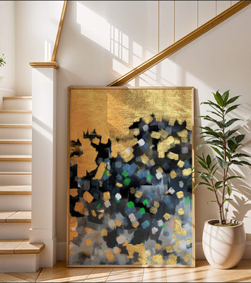 Abstract art with gold and colorful brushstrokes