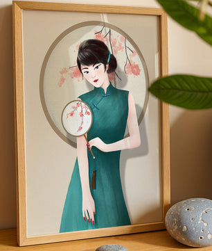 Elegante Illustration einer Frau in traditioneller Kleidung mit einem Fächer mit Kirschblüten