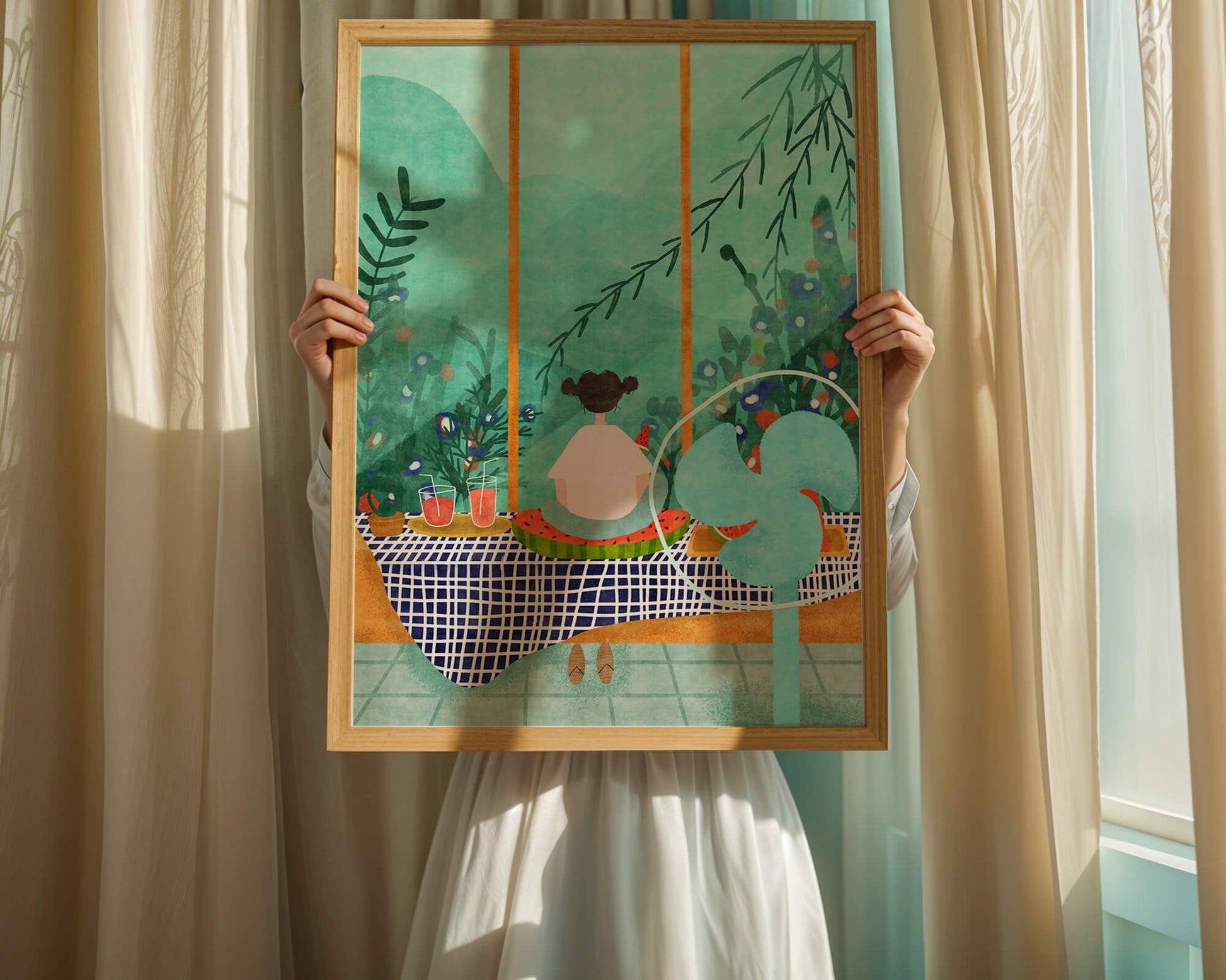 Young Girl Sitting on Checkered Table with Watermelon by Window Overlooking Nature