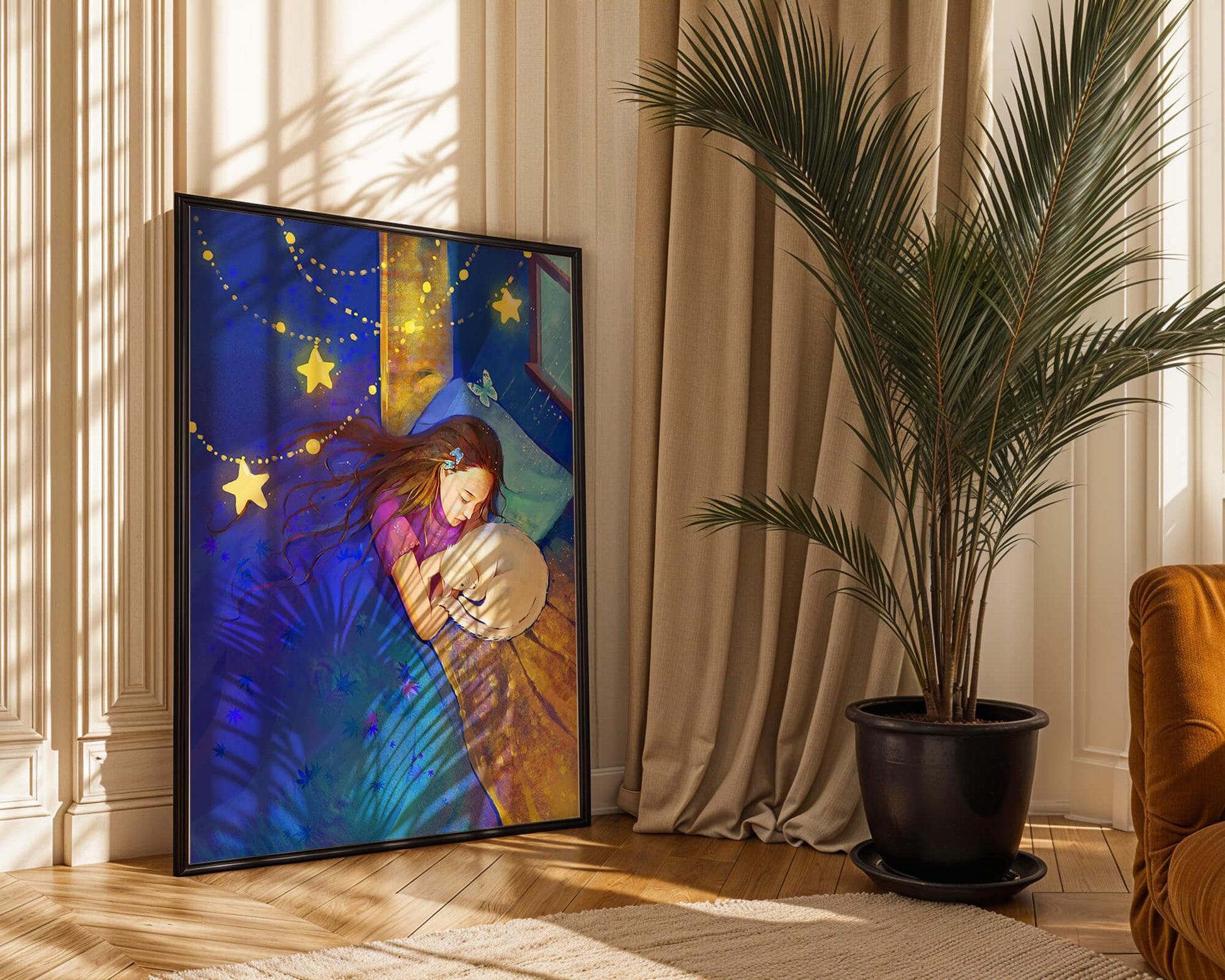 Girl sleeping with cat under starry night sky