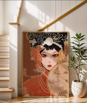 Elegante retrato de una mujer asiática con atuendo tradicional y elementos florales