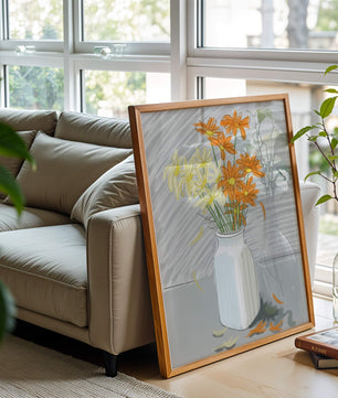Vibrant daisies in a white vase illustration