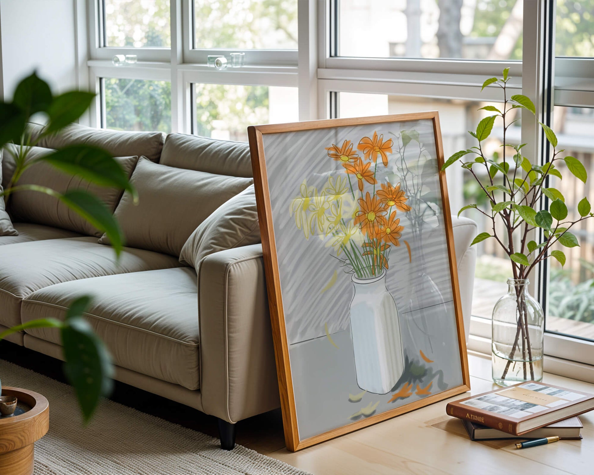 Vibrant daisies in a white vase illustration