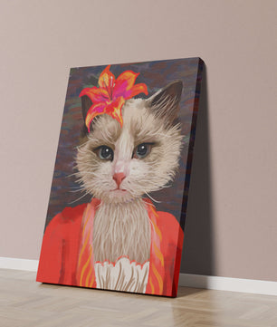 Retrato de gato con acentos de flores vibrantes y atuendo colorido