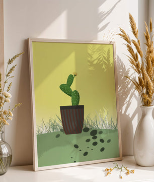 Illustration of a potted cactus with flower on soft background