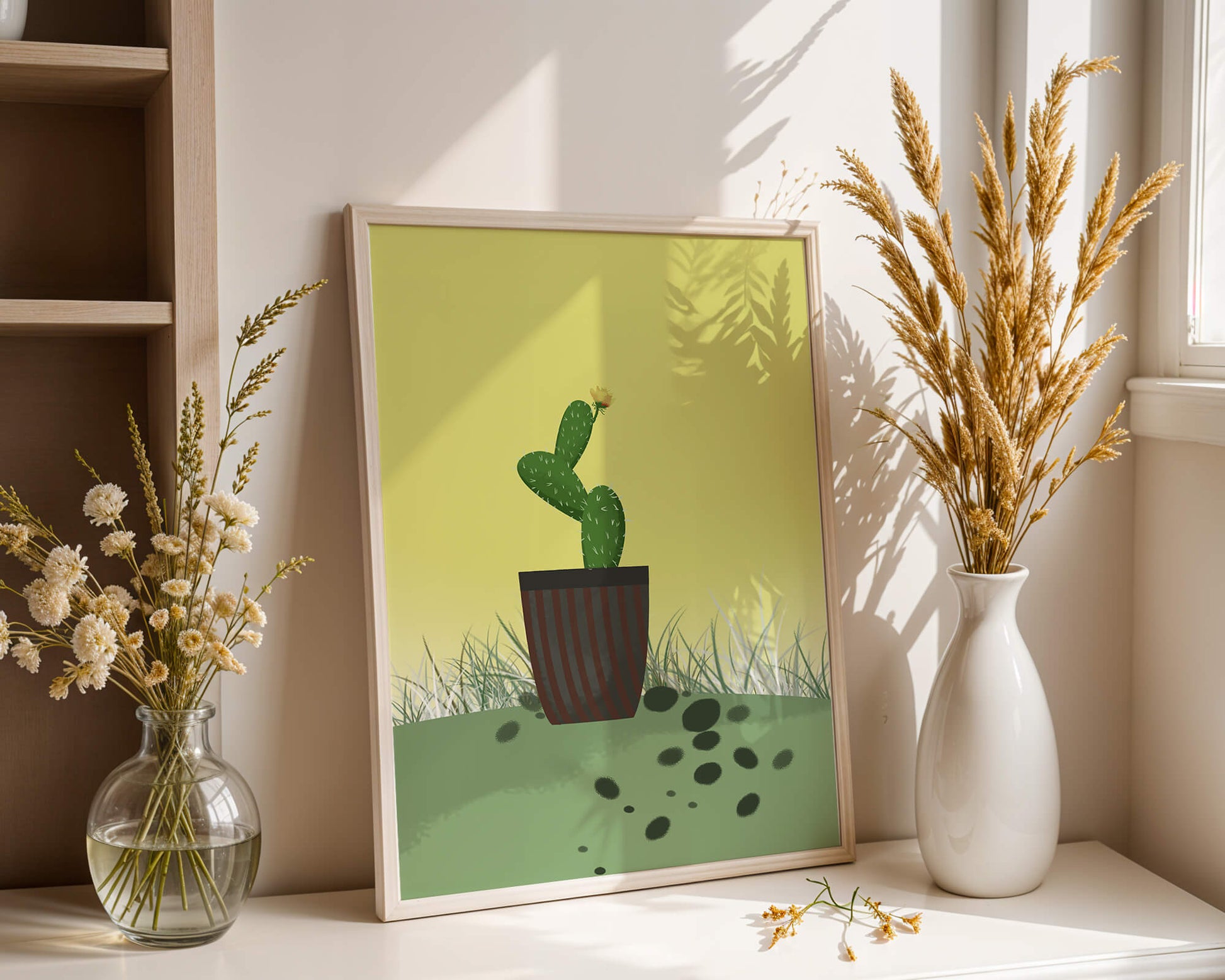 Illustration of a potted cactus with flower on soft background