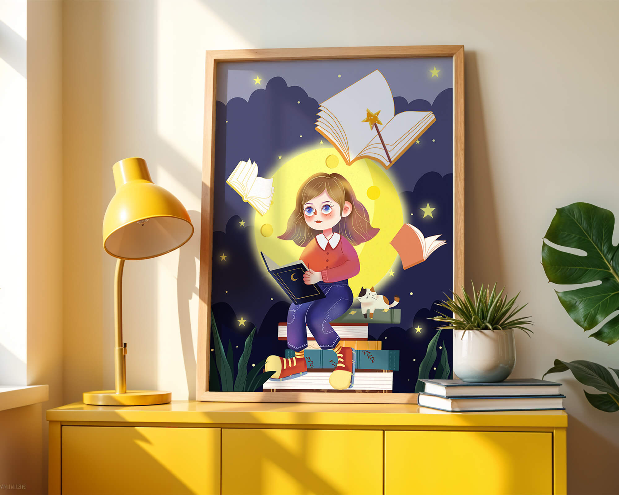 Illustration of a girl reading books under a starry night sky