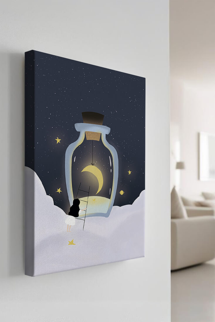 Fantasy Scene with Girl and Moon in a Bottle