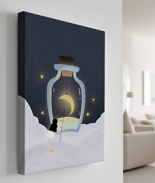 Fantasy Scene with Girl and Moon in a Bottle