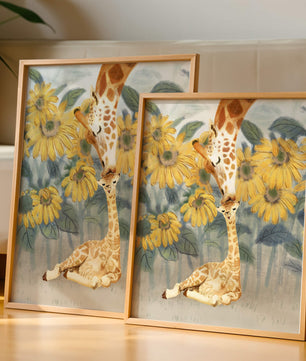 Pintura acuarela de jirafas y girasoles en una escena tierna de una familia de jirafas