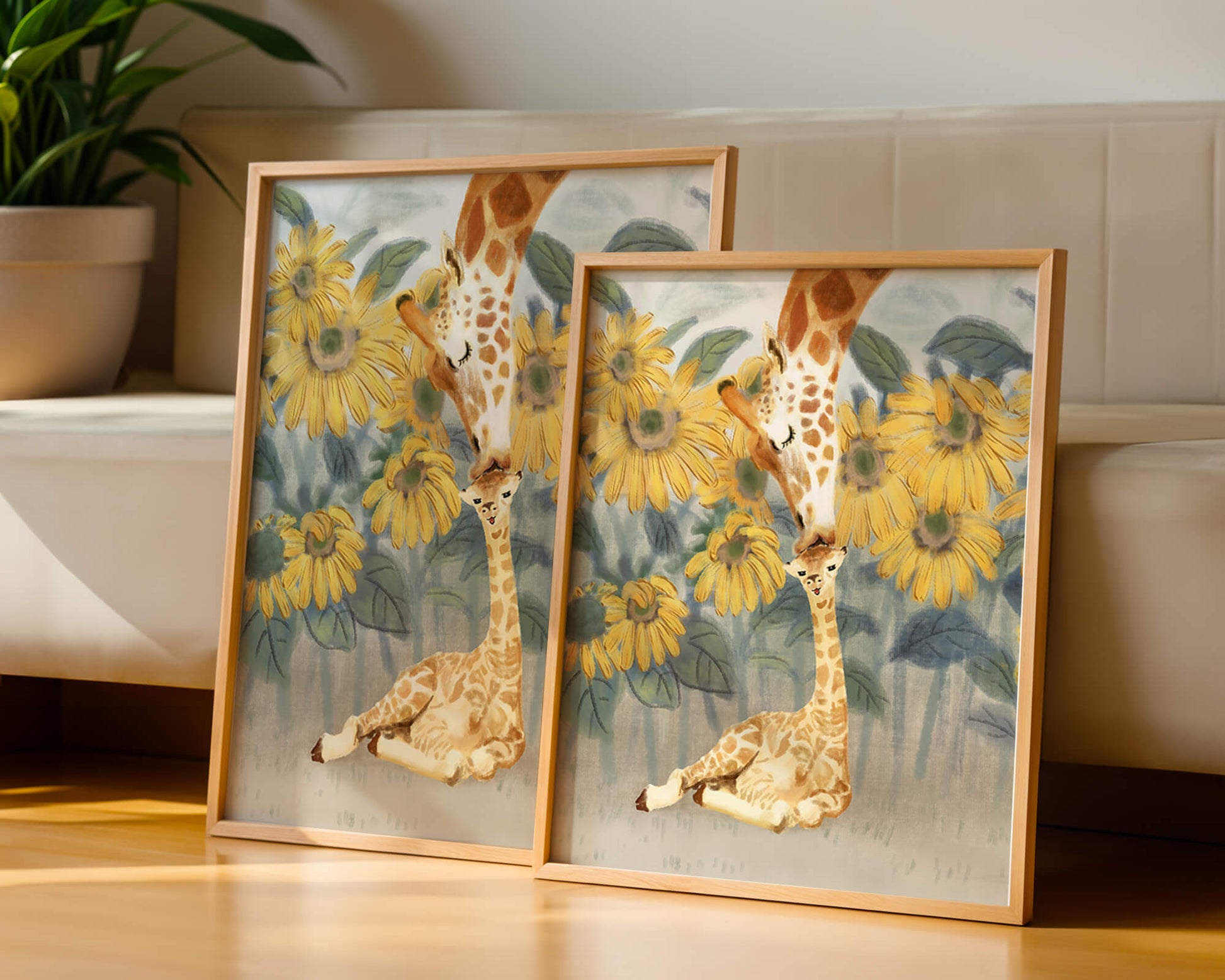 Giraffe and sunflowers watercolor painting of tender giraffe family scene