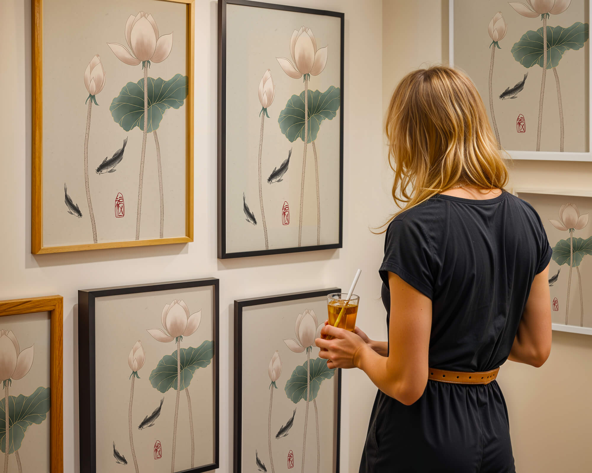 Lotus flowers and koi fish in minimalist Asian art illustration