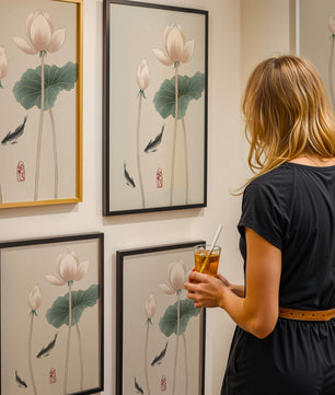 Fleurs de lotus et carpes koï dans une illustration d’art asiatique minimaliste