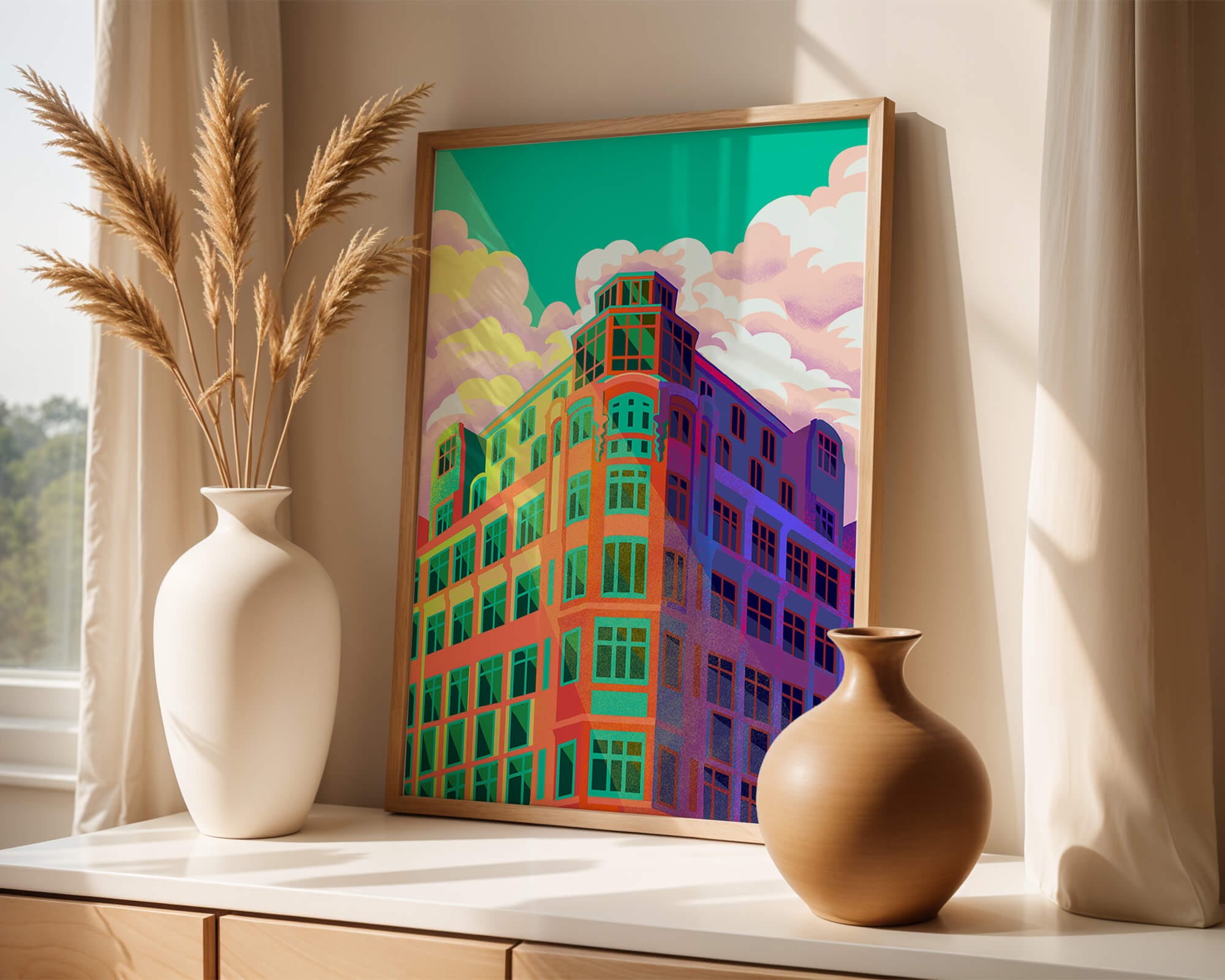 Colorful geometric building with vibrant sky