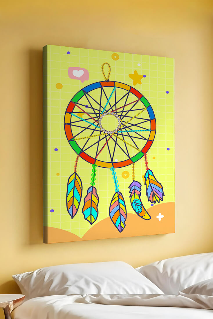Colorful dreamcatcher on a vibrant yellow background