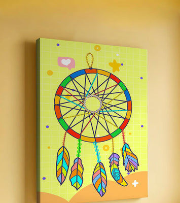Colorful dreamcatcher on a vibrant yellow background