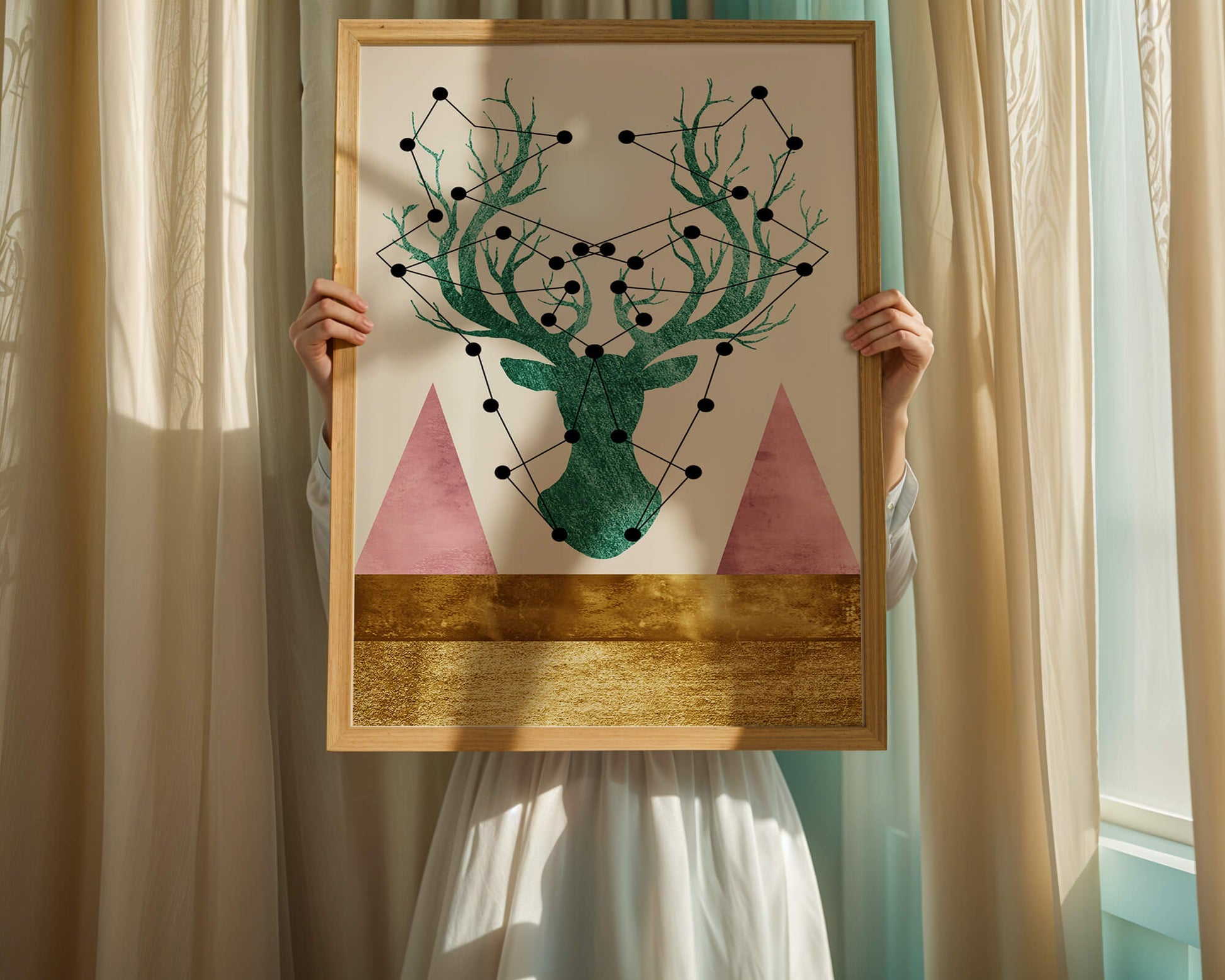Geometric Deer with Abstract Elements and Gold Accents