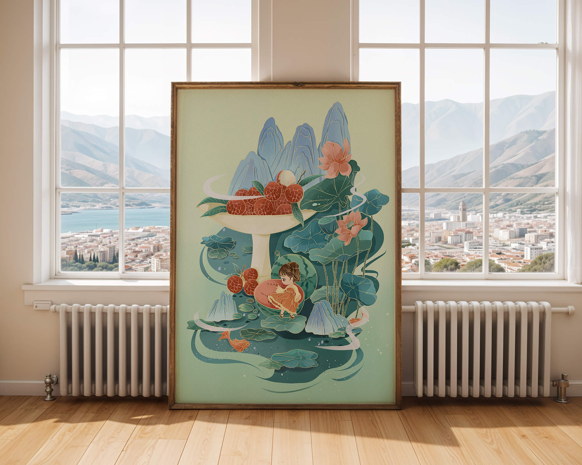 Whimsical illustration with girl, lychee, and lotus flowers