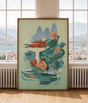 Whimsical illustration with girl, lychee, and lotus flowers