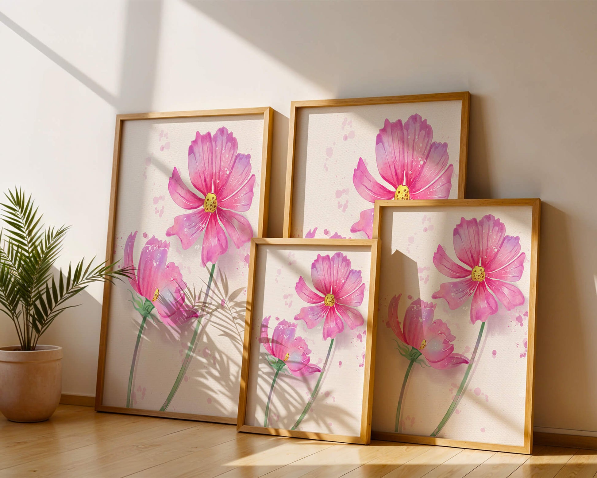 Flores delicadas en acuarela rosada con salpicaduras artísticas en lienzo