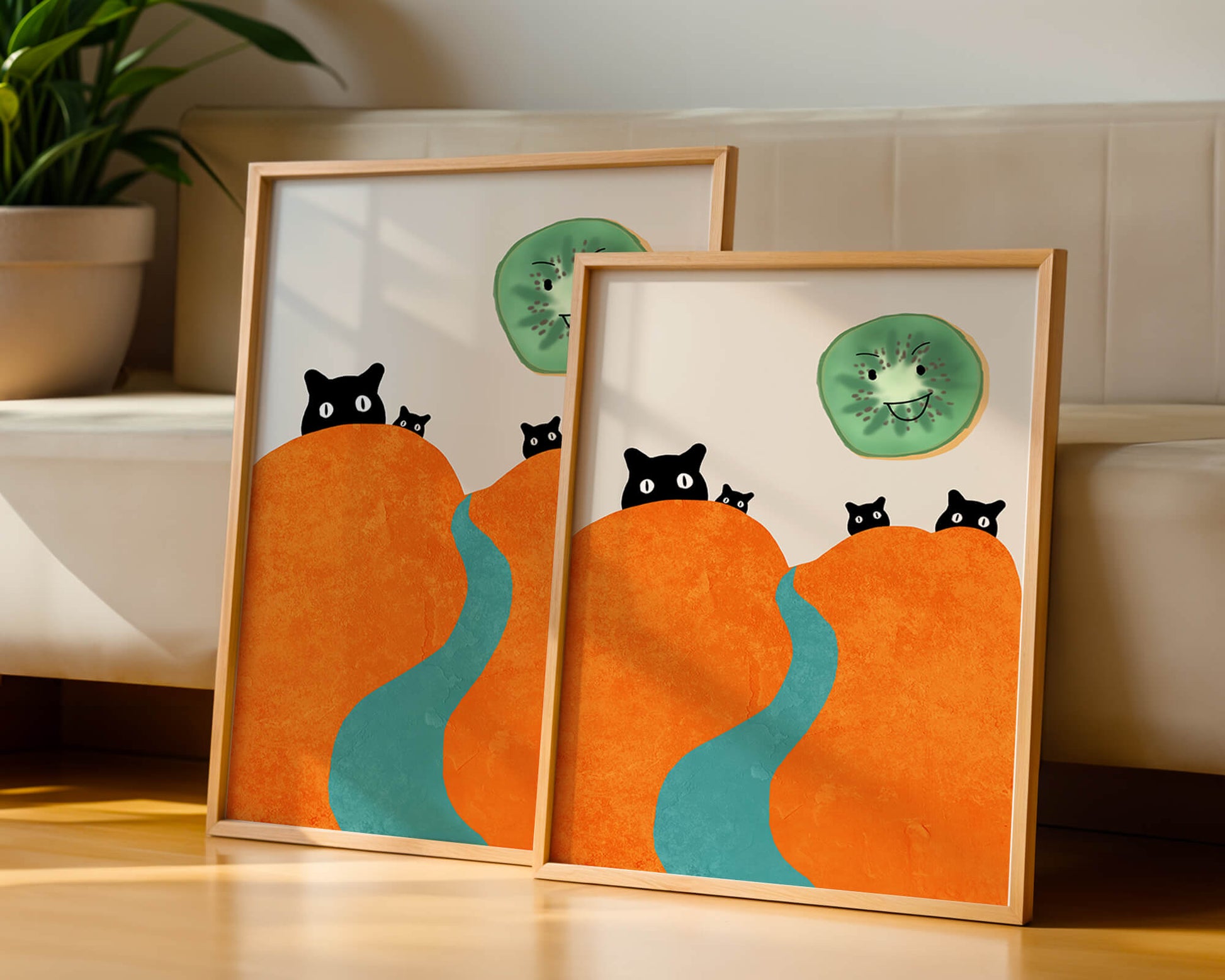 Playful Cats and Smiling Kiwi in Vibrant Hills
